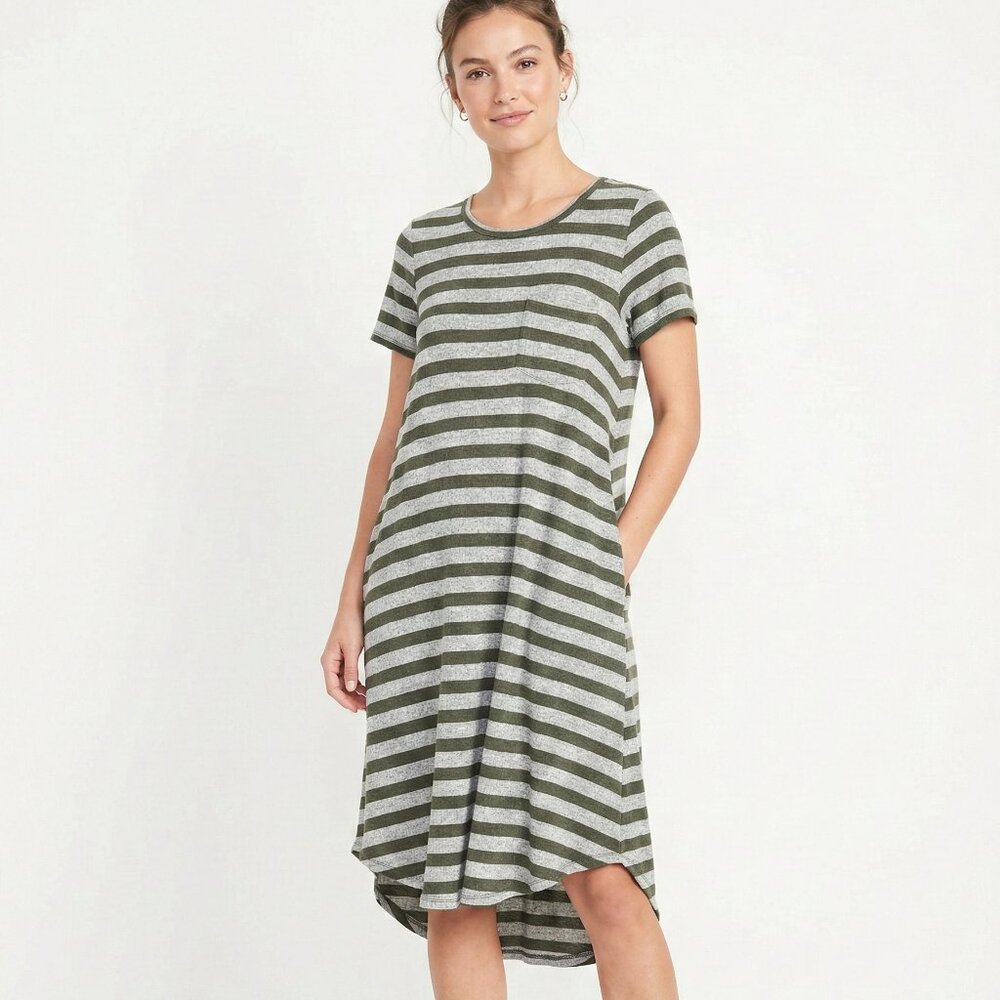 LuLaRoe Dress Tee Green Gray Striped Midi Casual Festival Beach Summer L